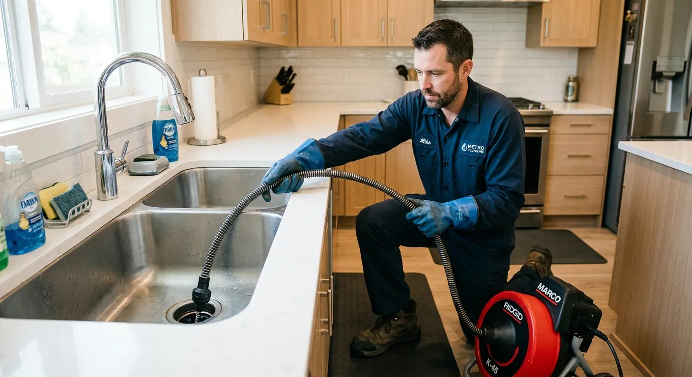 Drain cleaning technician using a motorized snake on a kitchen sink in Irving