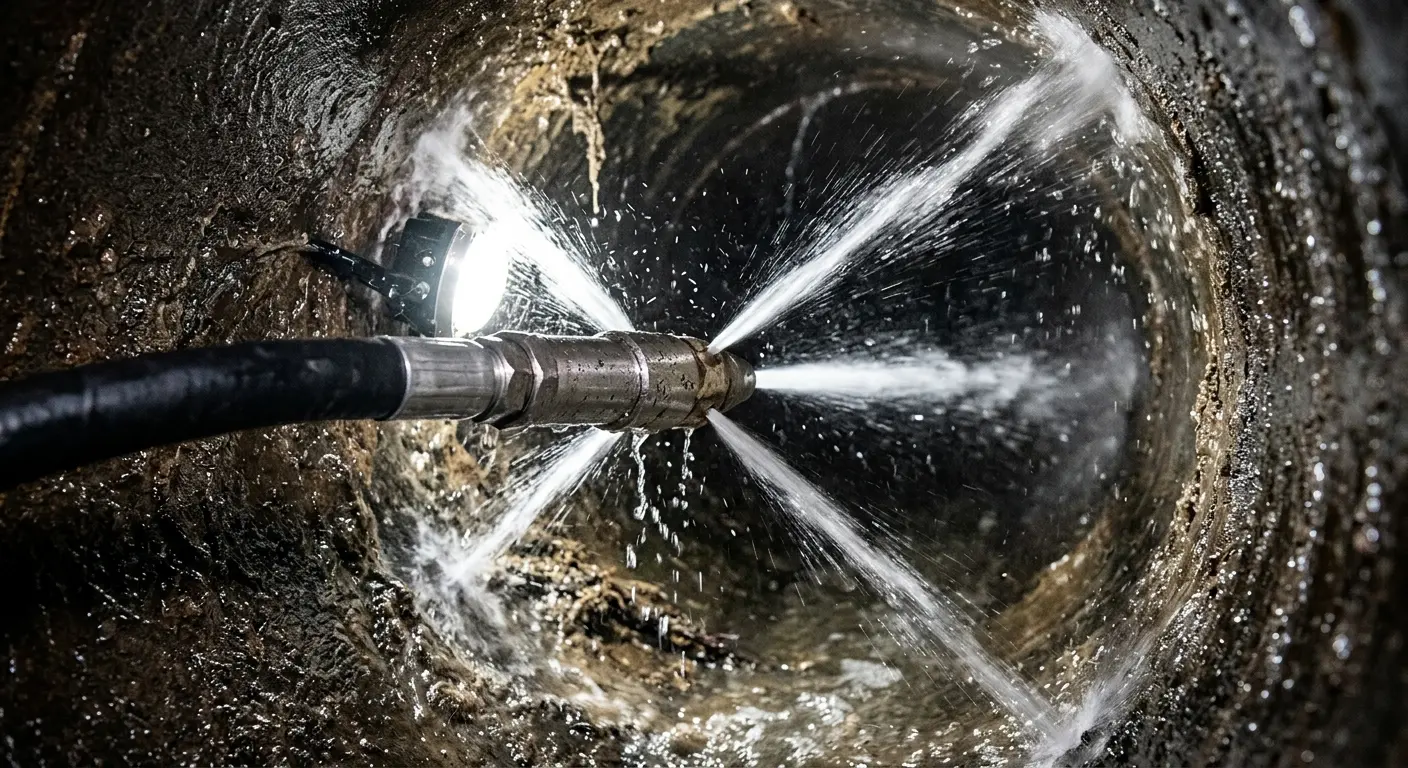 High-pressure hydro jetting nozzle cleaning sewer pipe for Trenchless Sewer Repair in Irving