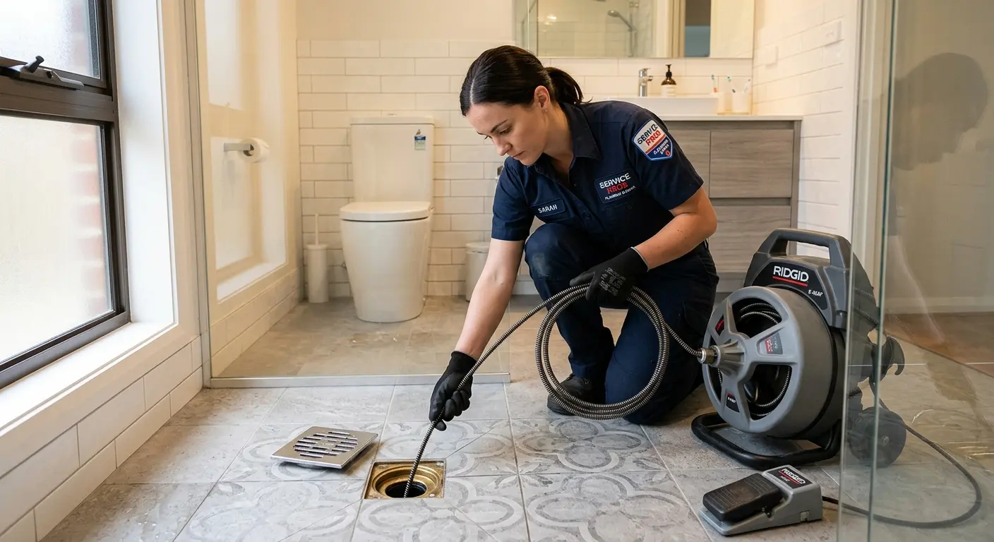 Technician clearing a bathroom floor drain for Sewer Line Installation in Irving